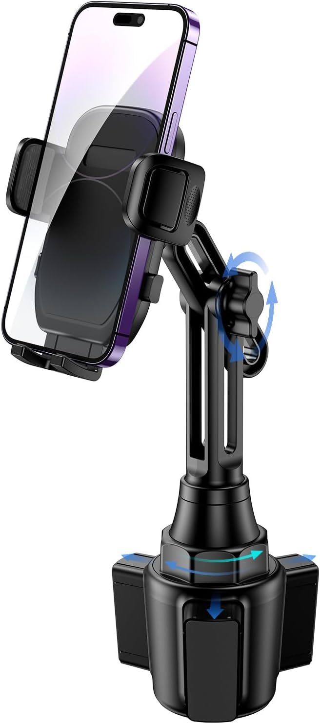 Bokilino cup holder phone mount with adjustable double-jointed arm, 360° rotation and expandable base for cars; fits iPhone & Android