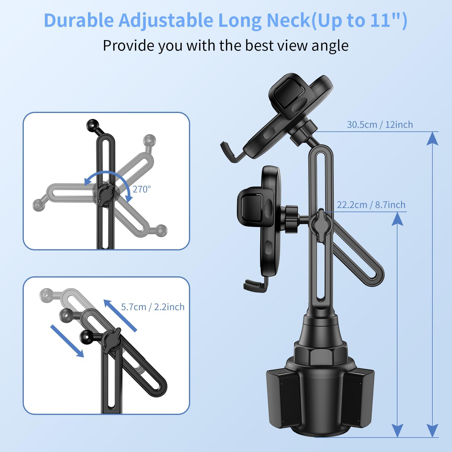 Bokilino cup holder phone mount with durable adjustable long neck (up to 11″), 270° pivoting arm and 2.2″ extension for optimal in-car viewing angle