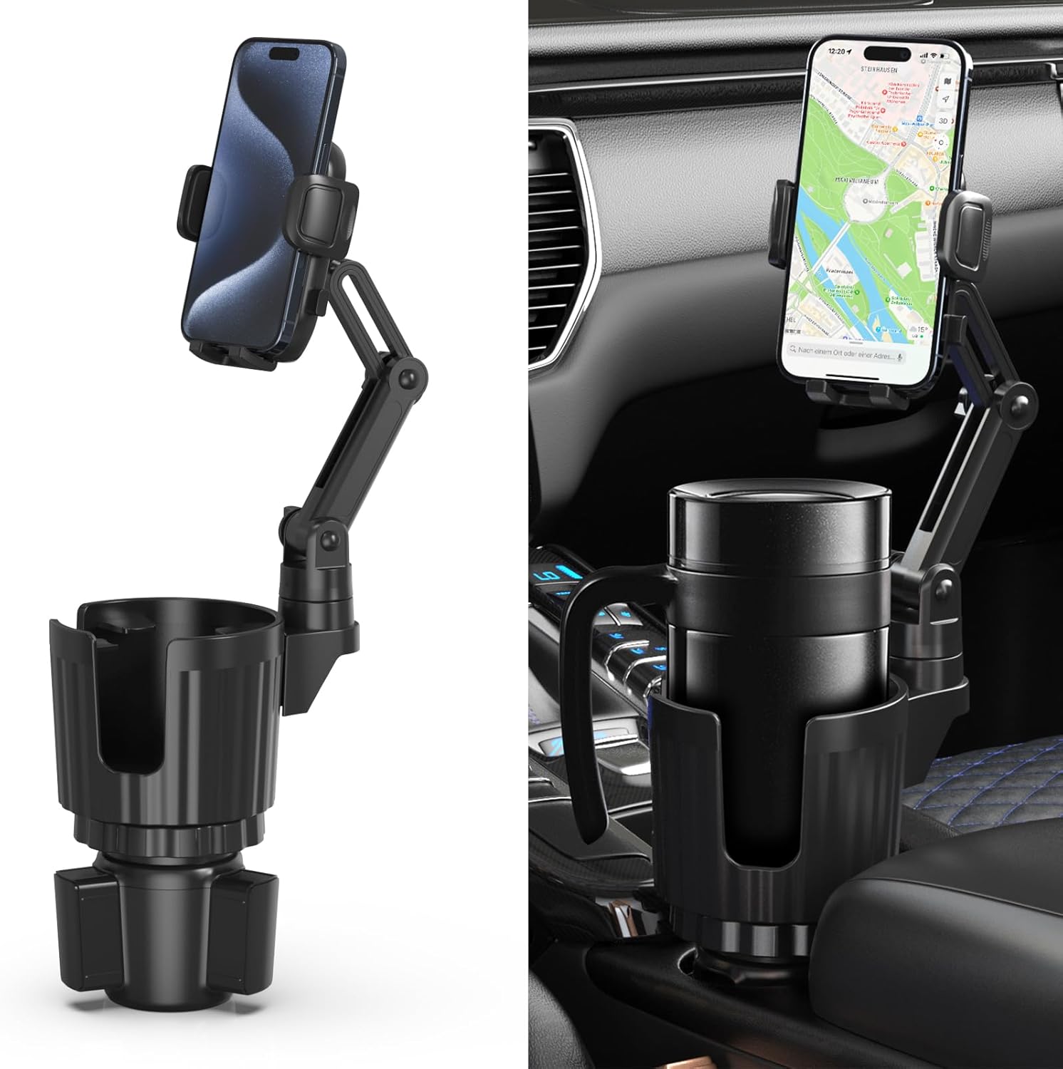 Bokilino 2-in-1 cup holder phone mount and expander with adjustable long arm, holding smartphone and large travel mug in car center console.