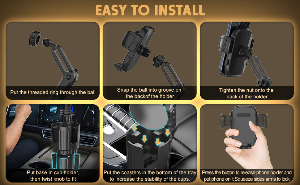 Bokilino car cup holder phone mount installation guide showing step-by-step setup, adjustable base, secure phone holder, and easy lock mechanism
