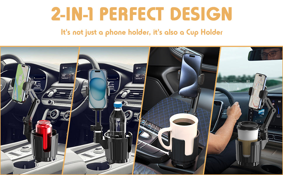 Bokilino 2-in-1 phone holder and cup holder for car, adjustable design with 360° rotation, securely holding smartphones, coffee mugs, water bottles, and cans while driving