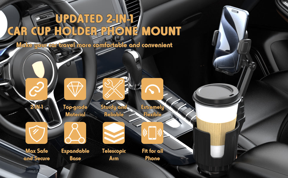 Bokilino updated 2-in-1 car cup holder phone mount with telescopic arm, expandable base, sturdy design, and secure fit for smartphones and coffee cups