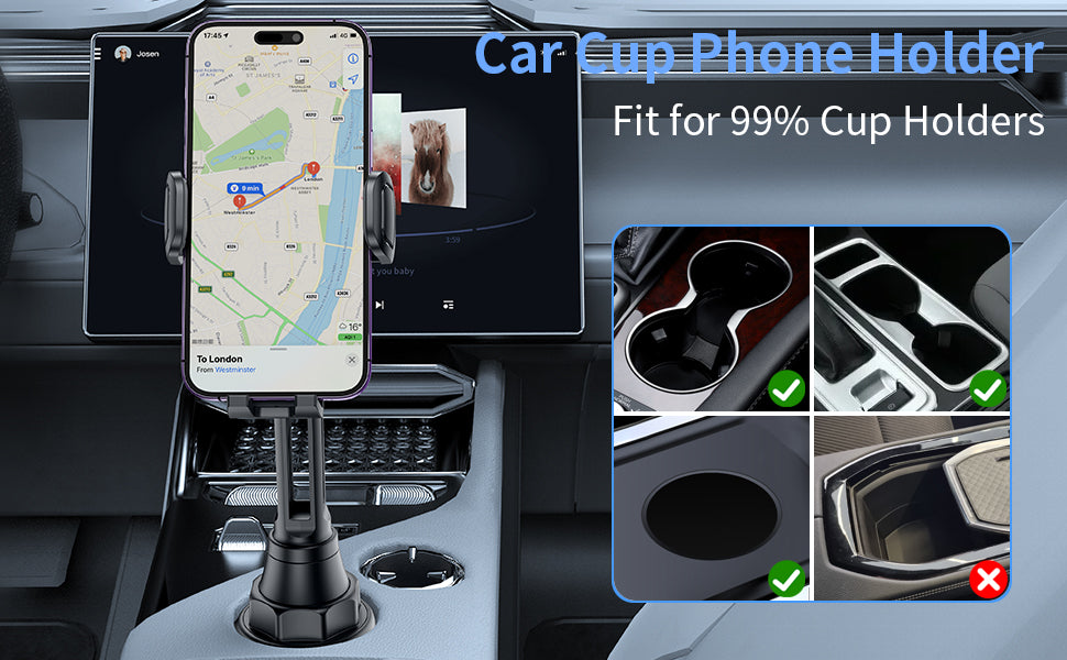 Bokilino car cup phone holder compatible with 99% of car cup holders, adjustable base securely fits different cup holder sizes for stable smartphone mounting