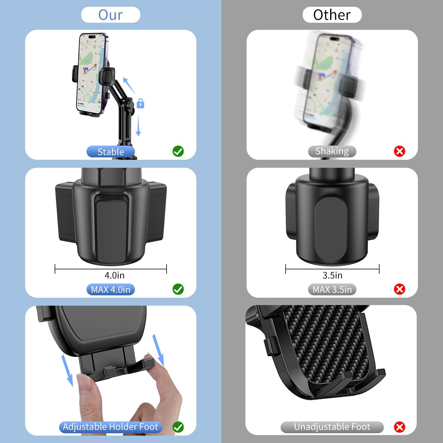 Bokilino cup holder phone mount vs others—stable adjustable arm, wider 4.0″ expandable base, adjustable holder foot; competitors 3.5″ base, unadjustable, shaky
