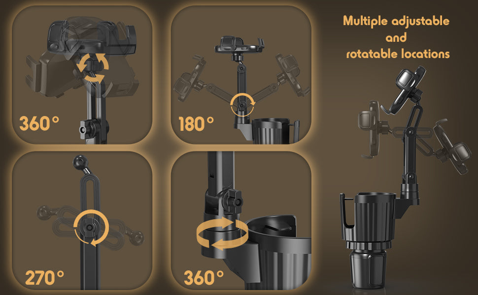 Bokilino adjustable car cup holder phone mount with 360°, 270°, and 180° rotation for flexible positioning