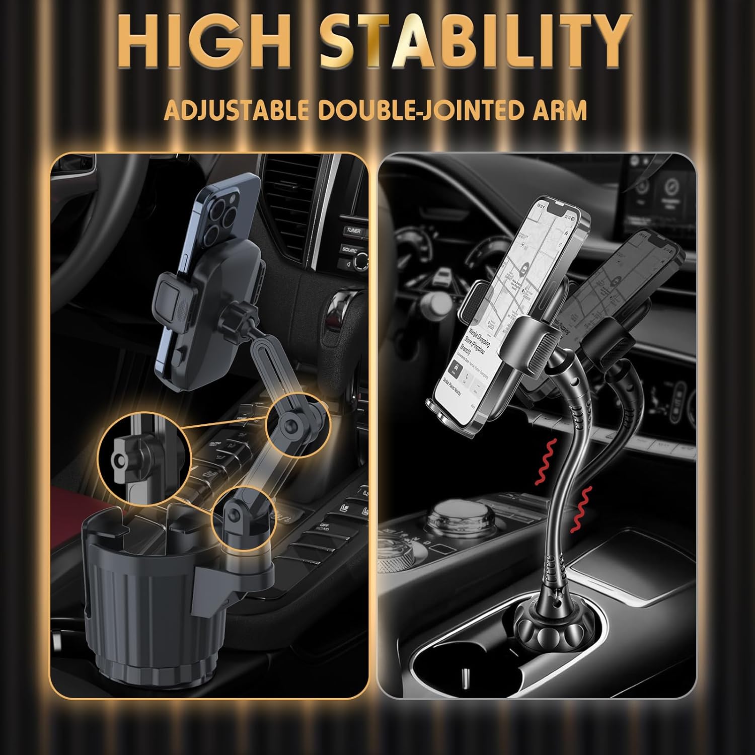 Bokilino cup holder phone mount with high-stability adjustable double-jointed arm, compared to a shaky gooseneck car holder for smartphones