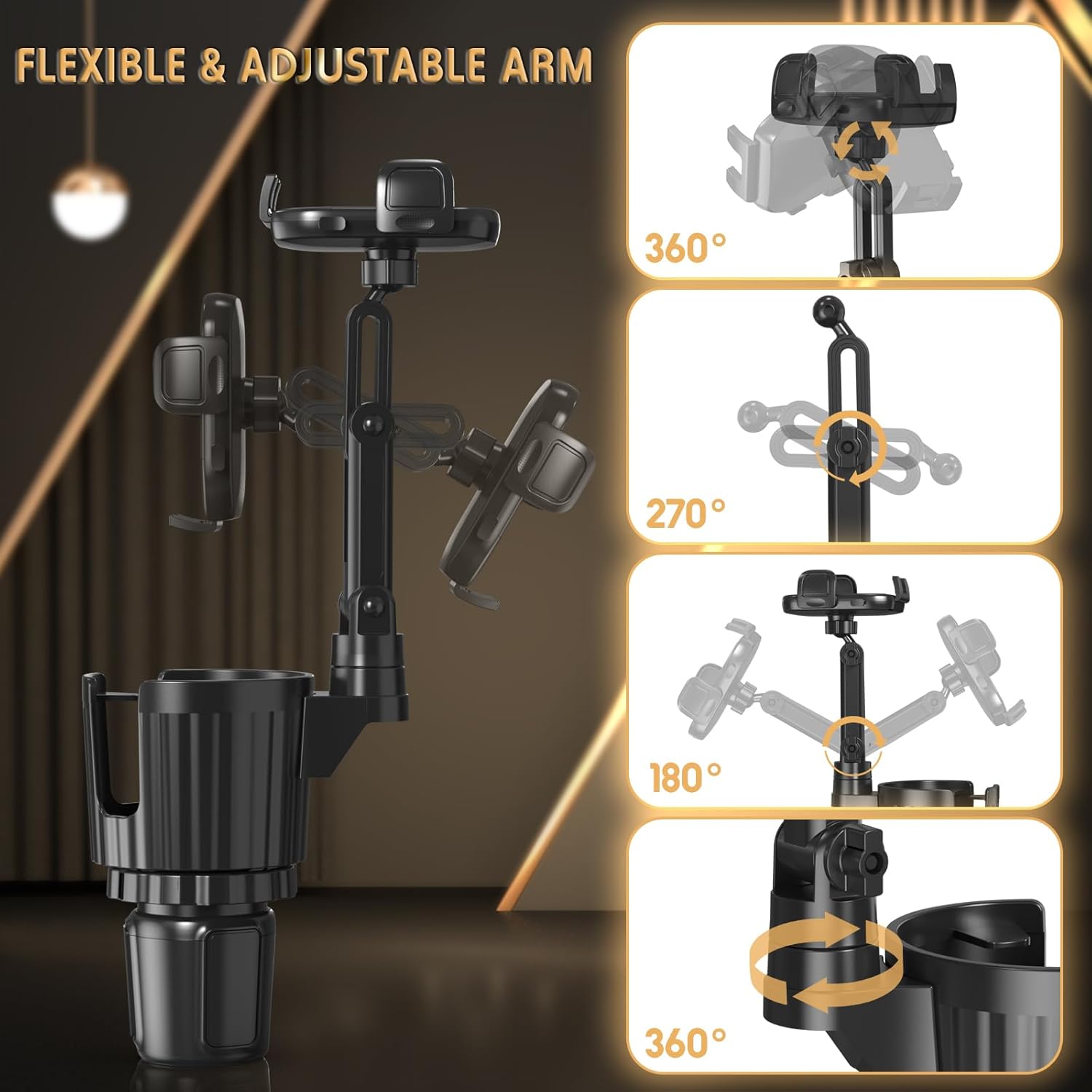 Bokilino 2-in-1 cup holder phone mount with flexible adjustable arm; 360° head rotation, 270° joint, 180° tilt, and 360° base swivel for perfect car viewing angles