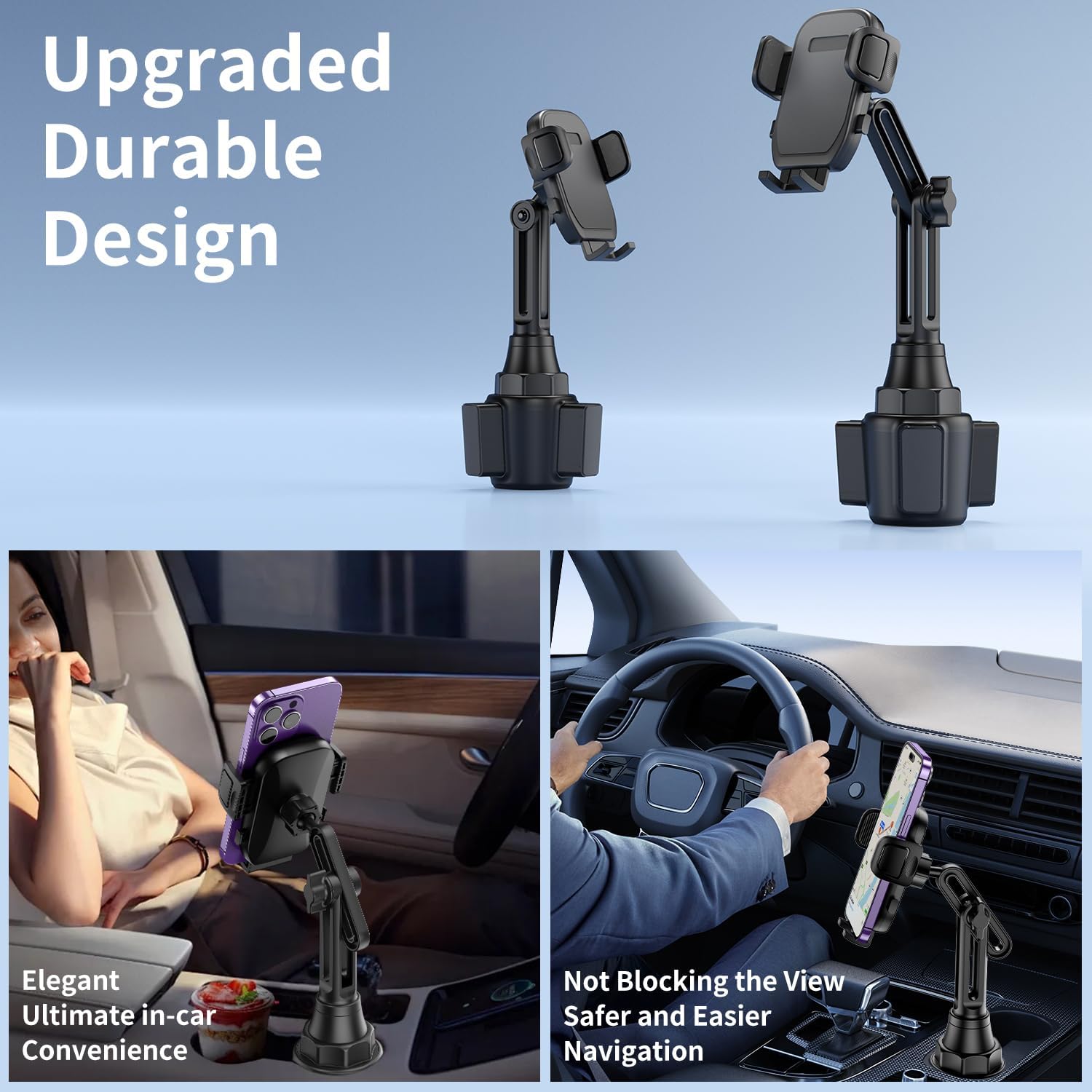 Bokilino upgraded durable cup holder phone mount with adjustable long arm and stable base, low-profile design that won’t block the driver’s view.