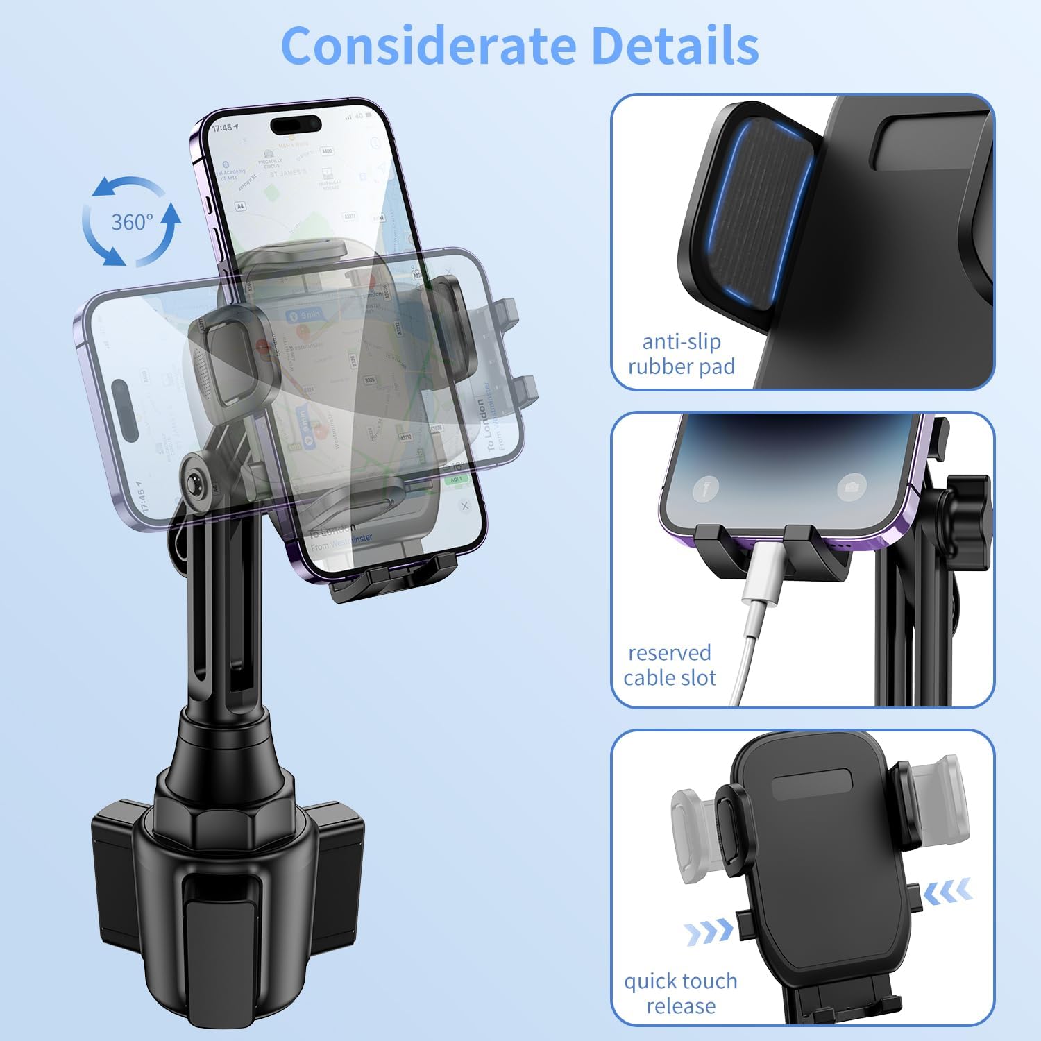 Bokilino cup holder phone mount showing 360° rotation, anti-slip rubber pads, quick-touch release, and charging cable slot on adjustable long arm