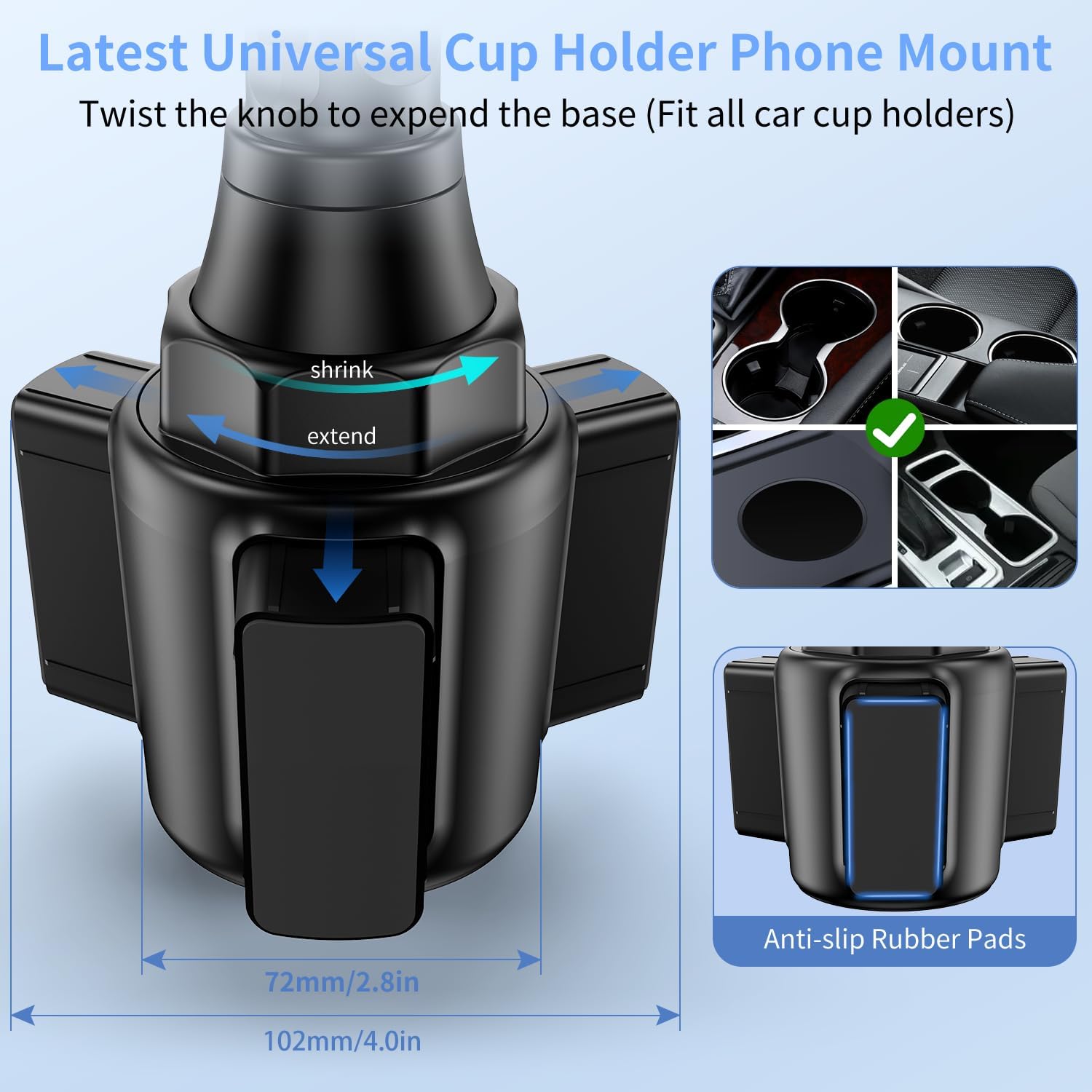 Bokilino universal cup holder phone mount with twist-knob expanding base, anti-slip rubber pads; fits most car cup holders 72–102 mm (2.8–4.0 in)