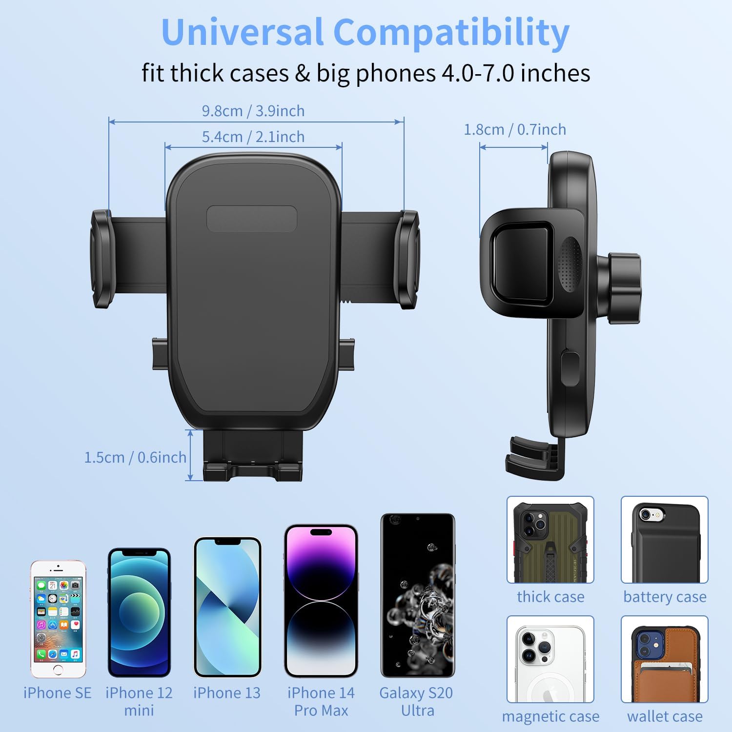 Bokilino cup holder phone mount compatibility chart—adjustable cradle fits 4.0–7.0″ smartphones (2.1–3.9″ width), supports thick, battery, magnetic, and wallet cases; examples include iPhone SE/12 mini/13/14 Pro Max and Galaxy S20 Ultra