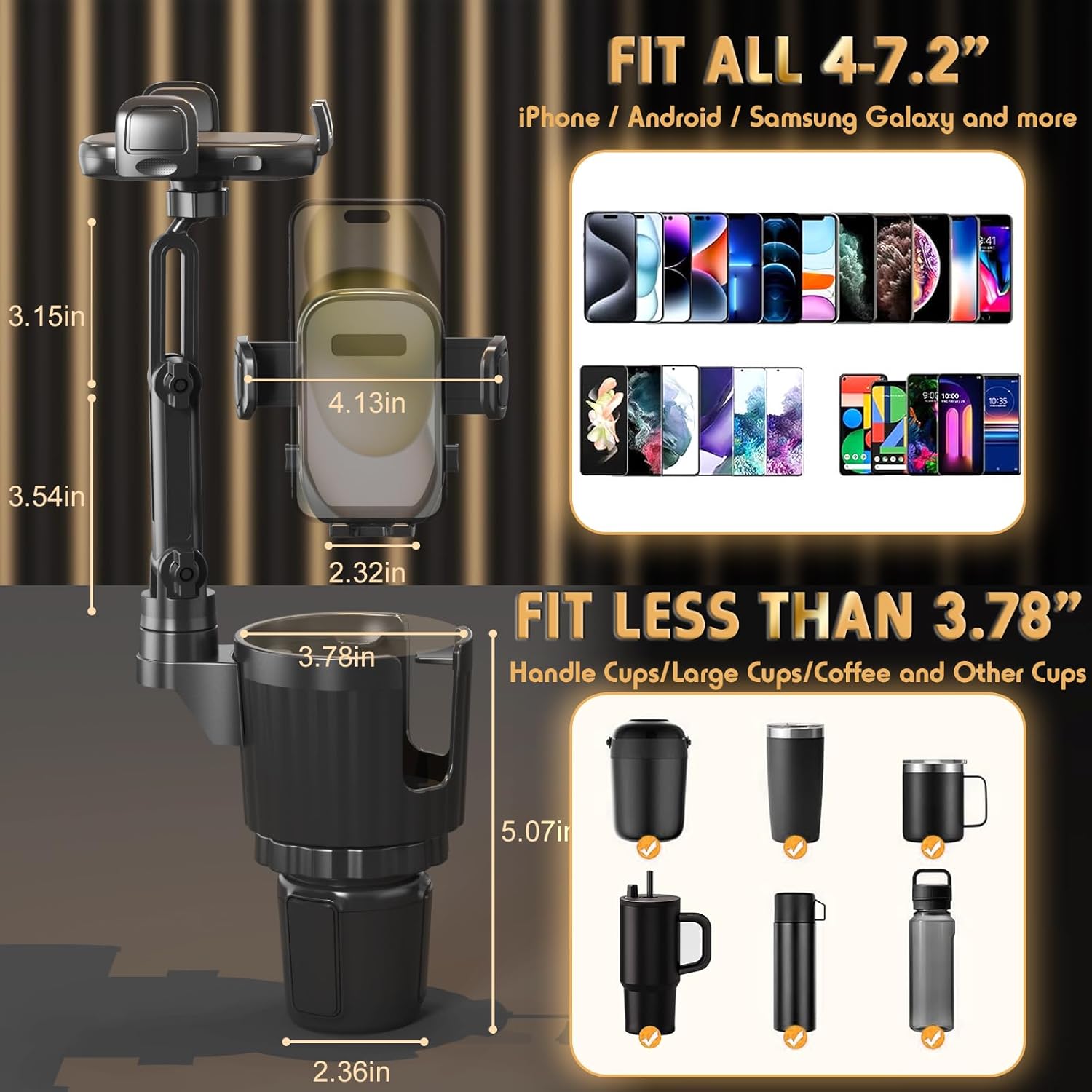 Bokilino 2-in-1 cup holder phone mount size guide—fits 4–7.2″ smartphones; adjustable cradle 2.32–4.13″; expander holds cups/mugs up to 3.78″ diameter
