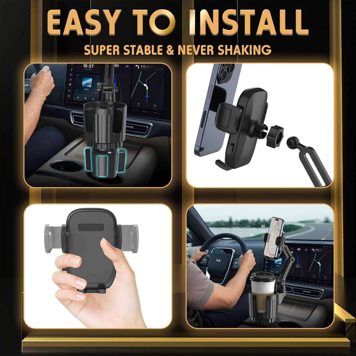 Bokilino 2-in-1 cup holder phone mount—easy installation with expandable base, cradle assembly, and adjustable arm for stable, hands-free driving