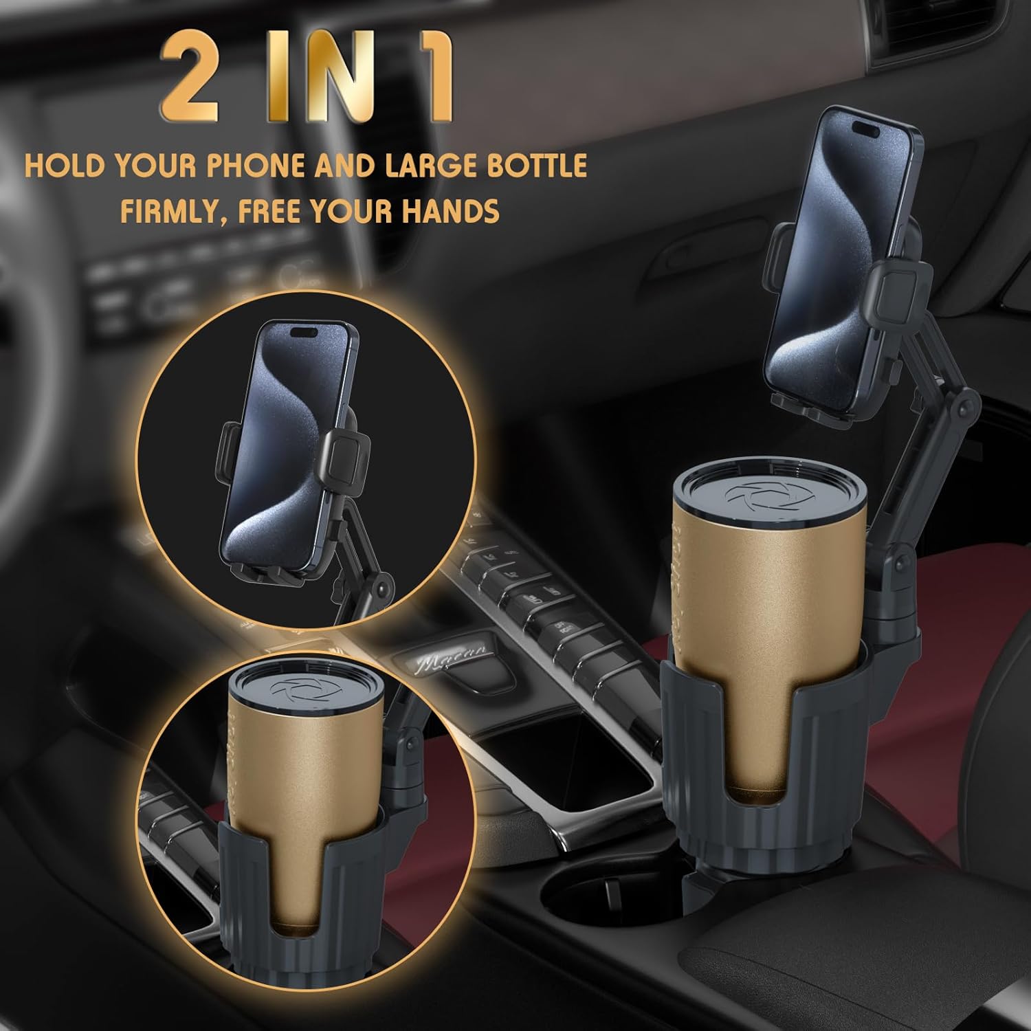 Bokilino 2-in-1 cup holder phone mount and expander with adjustable arm, securely holding a smartphone and large bottle/tumbler in the car center console