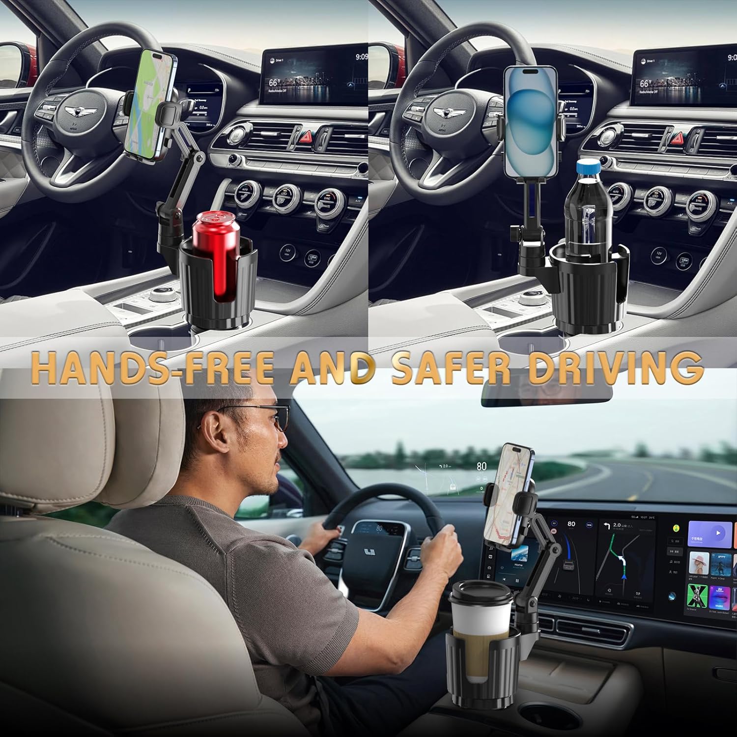 Bokilino 2-in-1 cup holder phone mount & expander for cars, hands-free safer driving with adjustable long arm—holds smartphone plus bottle or coffee cup