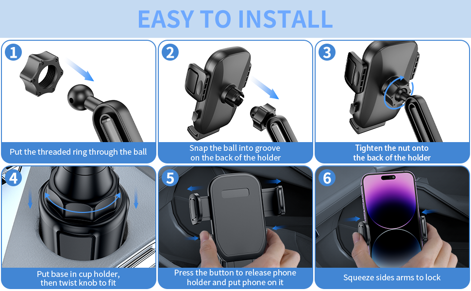 Bokilino car cup holder phone mount installation steps showing threaded ring, ball joint, tightening nut, cup holder base, phone placement, and secure locking arms