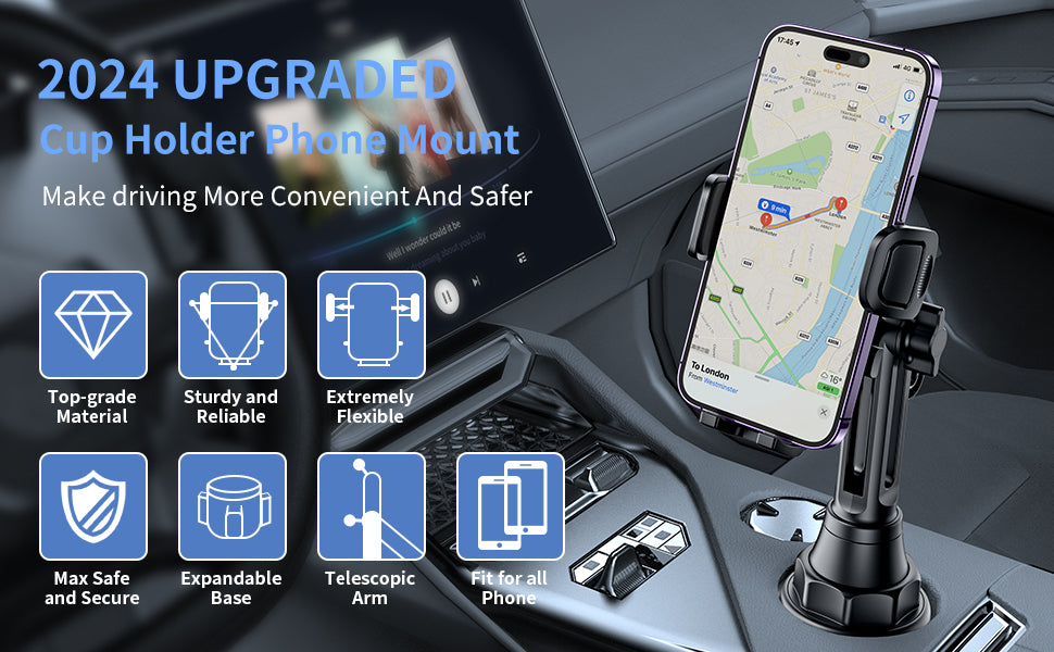 Bokilino 2024 upgraded cup holder phone mount with telescopic arm, expandable base, sturdy design, and secure fit for all smartphones, making driving safer and more convenient