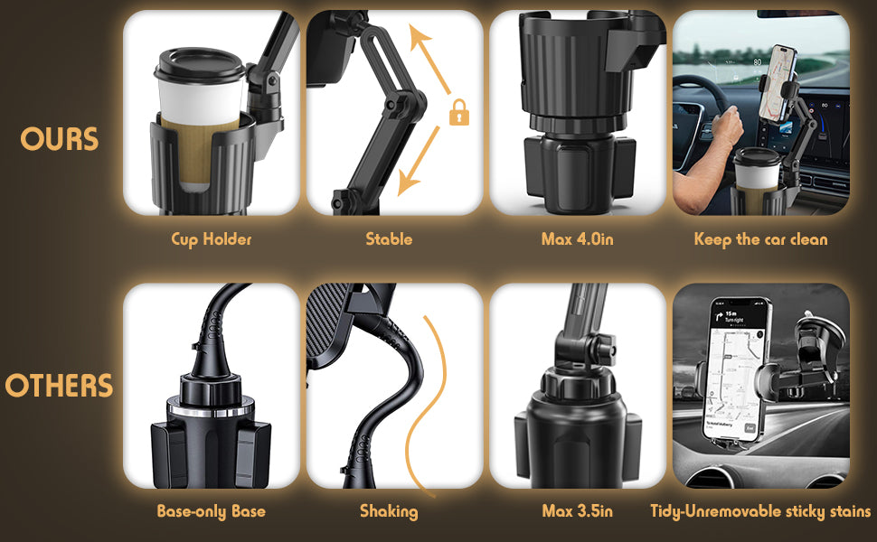 Bokilino 2-in-1 car cup holder phone mount compared to other mounts, showing stable expandable base, 4.0in fit, secure cup holder, and cleaner design versus unstable, shaking, and sticky alternatives