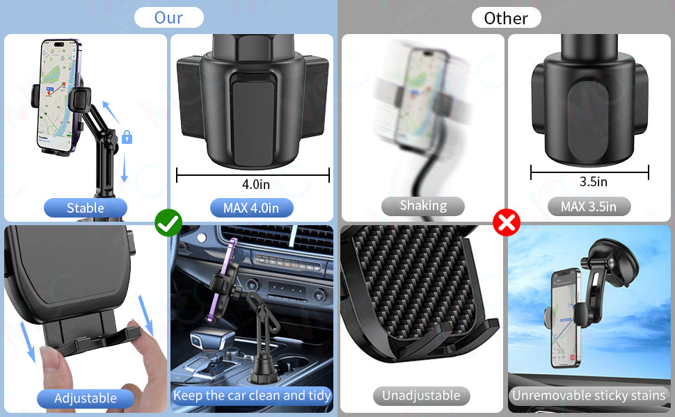 Bokilino car cup holder phone mount versus other mounts, showing stable 4.0in adjustable design that keeps the car clean compared to unstable 3.5in holders that shake and leave sticky stains